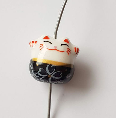 Keramikperle Katze Glückskatze Maneki Neko schwarz